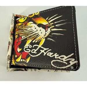 Ed Hardy Mens Tiger Bifold Wallet Multiple Card Slots ID Window & Valet Tray NWT